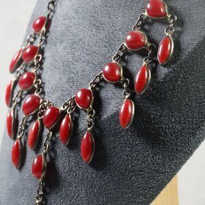 💎 Handmade Red Bead Dangle Choker Necklace - Statement Jewelry Piece